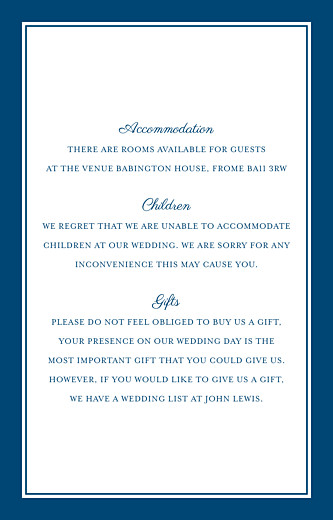 Guest Information Cards Chic (portrait) Navy Blue - Front