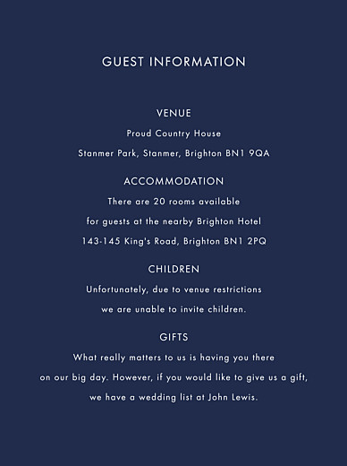 Guest Information Cards Sparks Fly Navy Blue - Front
