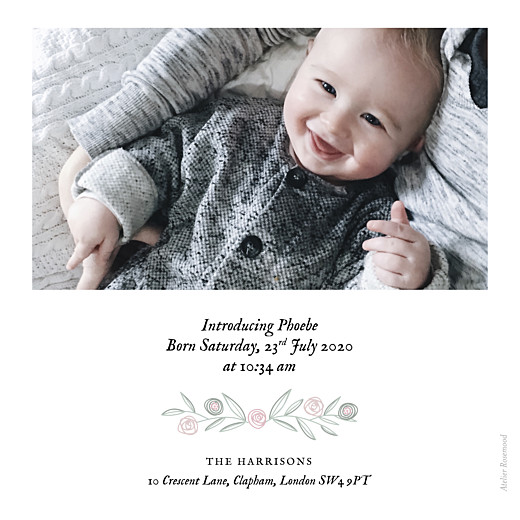 Baby Announcements Rustic Floral Photo White Pink - Back