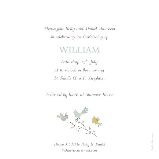 Christening Invitations Birds Of A Feather Green - Back