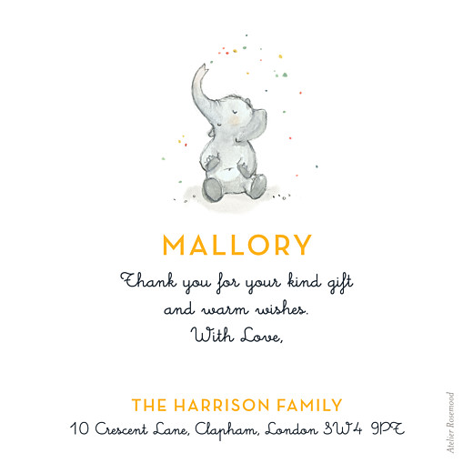 Baby Thank You Cards Elephant Family Yellow - Back