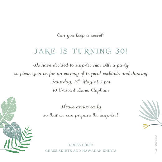 Birthday Invitations Tropical Forest Green - Back