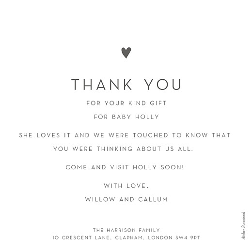 Baby Thank You Cards Lovely Heart Large (Foil) White - Back