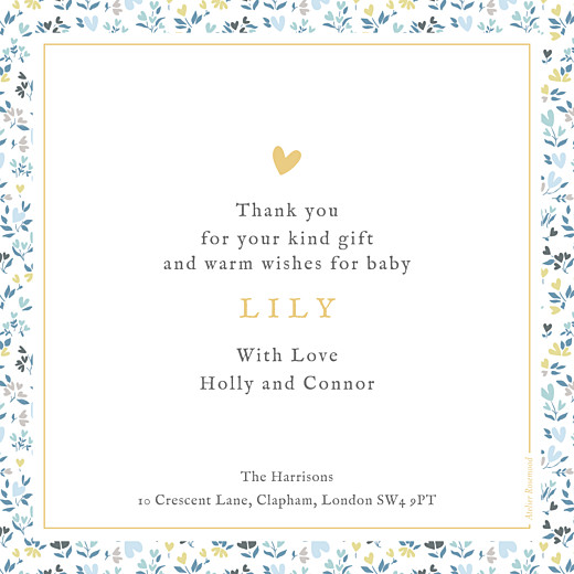 Baby Thank You Cards Liberty Heart (Large) Blue - Back