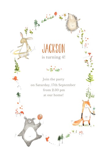 Kids Party Invitations Forest Friends White - Front