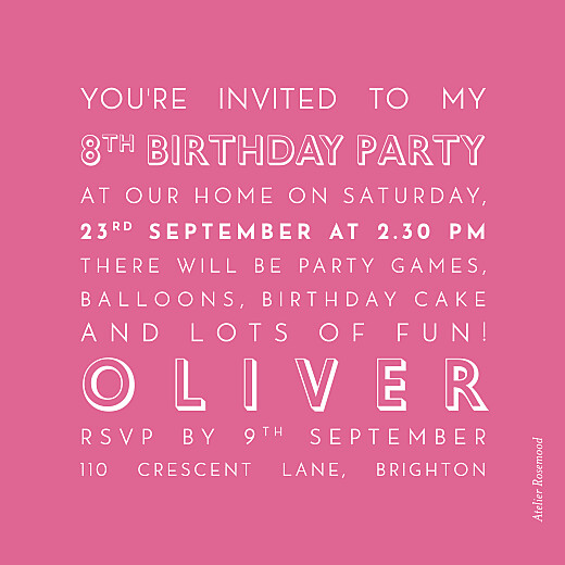 Kids Party Invitations The Photo Pink - Back
