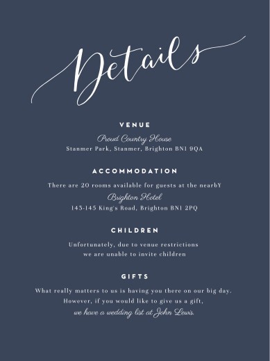 Guest Information Cards Swing (Portrait) Navy Blue - Front