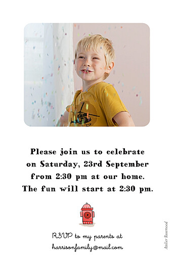 Kids Party Invitations Fireman Red - Back