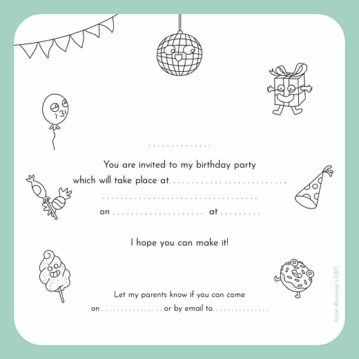 Kids Party Invitations Colour in! by OMY White - Back