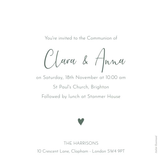 Communion Invitations Heart Medallion Green - Back
