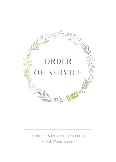 Christening Order of Service Booklets Cover Watercolour Wreath White - Page 1