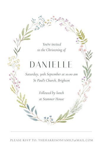 Christening Invitations Watercolour Wreath White - Front