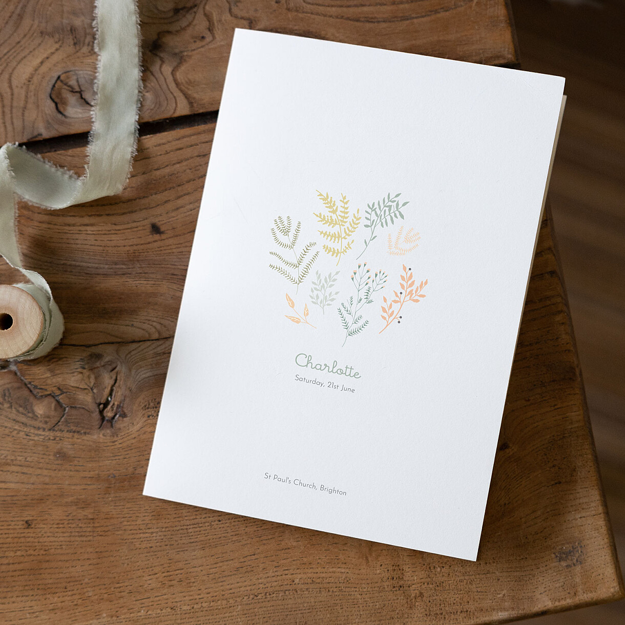 Liberty leaves christening order of service booklets cover